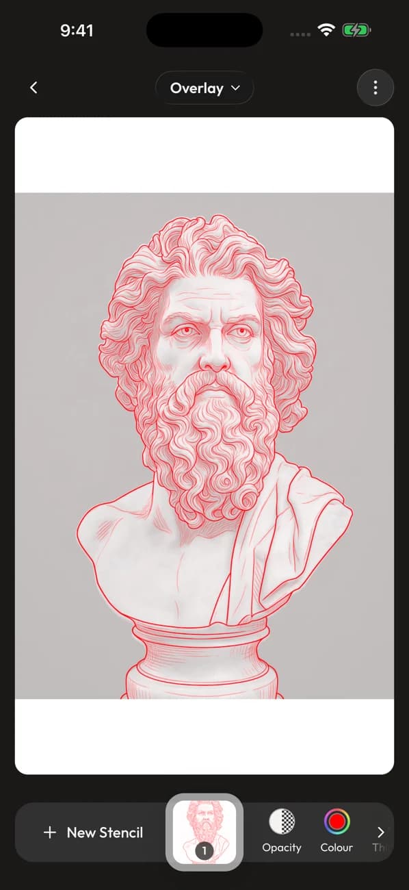 Line Ripper iOS Studio showing the reference and stencil overlay