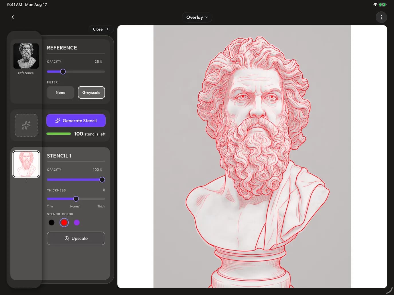 Line Ripper iOS Studio on iPad with the side panel and stencil overlay