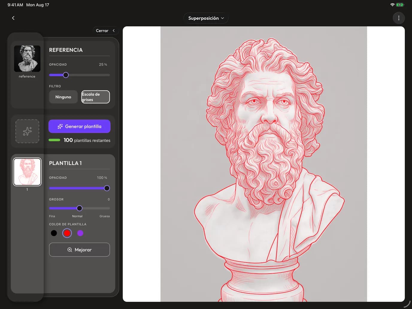 Studio de Line Ripper en iPad con el panel lateral y el stencil superpuesto
